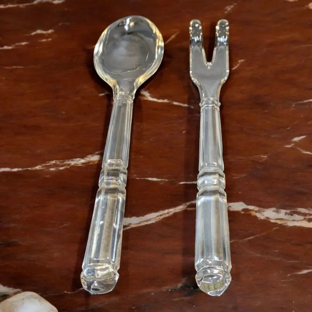 Vintage Glass Salad Serving Set Utensils 10
